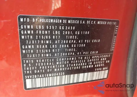 2019 Volkswagen Tiguan 2.0T Se/2.0T Sel/2.0T Sel R-Line/2.0T Sel R-Line Black z USA, uszkodzony, nr VIN 3VV2B7AX1KM004325